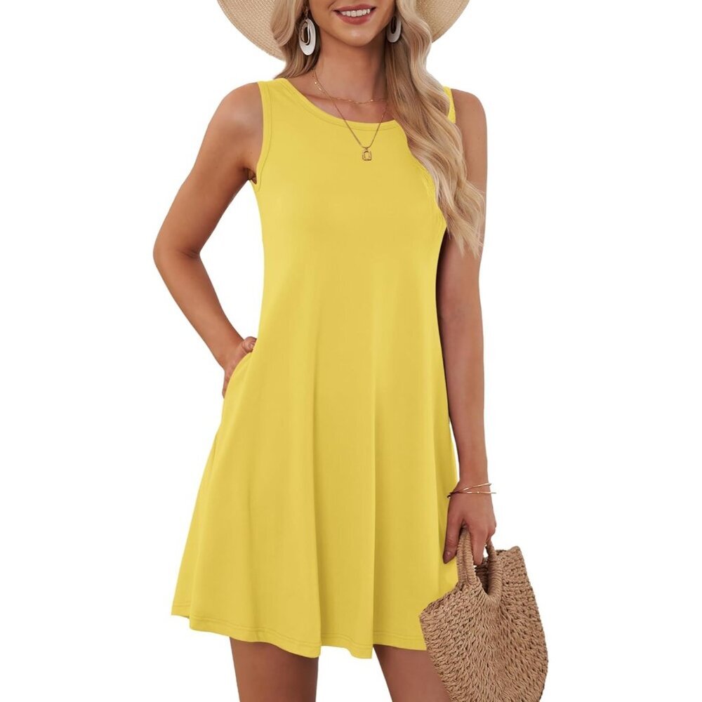 Women's Yellow Sleeveless Crew Neck Summer Boho Beach Dress with Pocket